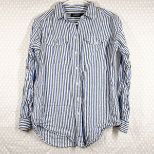 Ralph Lauren Black Label Blue White Striped Linen Button Up Top